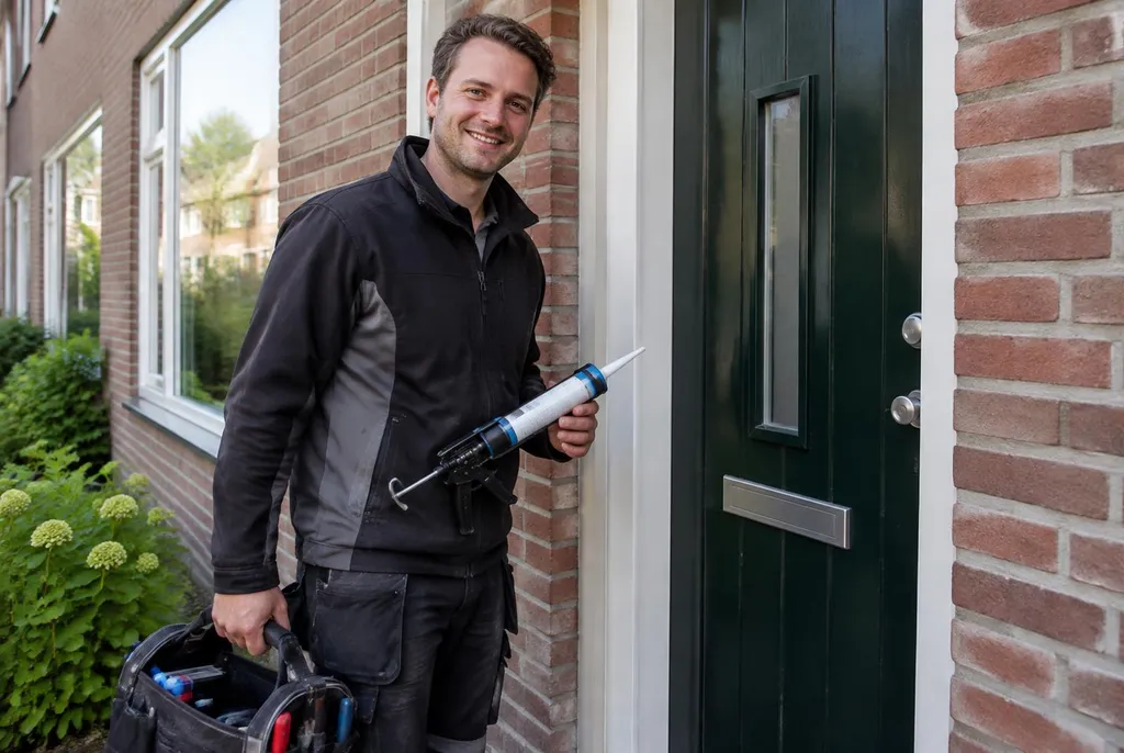 Vakman van Kitbedrijf Elburg bij de voordeur van een woning